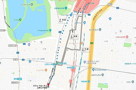 カフェ・ベローチェ 上野三丁目店の行き方案内（地図）