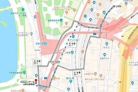 カフェルノアール　上野公園前店の行き方案内（地図）