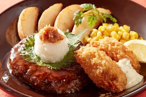 豪州産プレミアムビーフ100％ハンバーグ＆広島産牡蠣フライ和風おろしソース