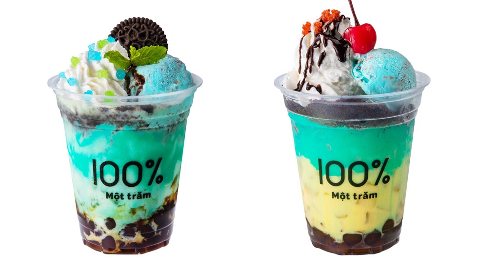 『生タピオカ専門店 モッチャム』の「チョコミント」と「バナナチョコミント」