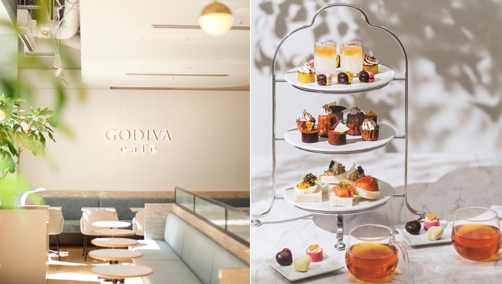 『GODIVA cafe Futakotamagawa』の店内と「アフタヌーンティーセット」