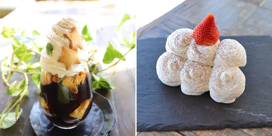 『ANTIQUA TREE CAFE(アンティカ ツリー カフェ)』の「珈琲ゼリーパフェ」と「シフォンケーキ」
