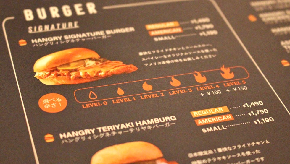 『Hangry Joe’s –Tokyo-（ハングリィジョーズ トウキョウ）』の「ハングリィシグネチャーバーガー」のメニュー表