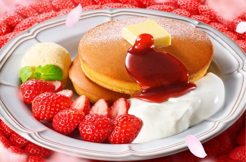 『珈琲館』「苺のホットケーキ～特製ミルククリーム・苺ソース添え～」