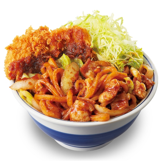 「ホルモン焼きうどんとチキンカツの合い盛り丼」
