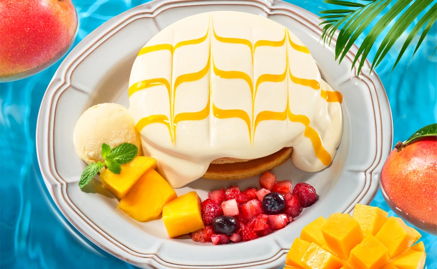 『珈琲館』「アップルマンゴー&レアチーズクリームのホットケーキ」